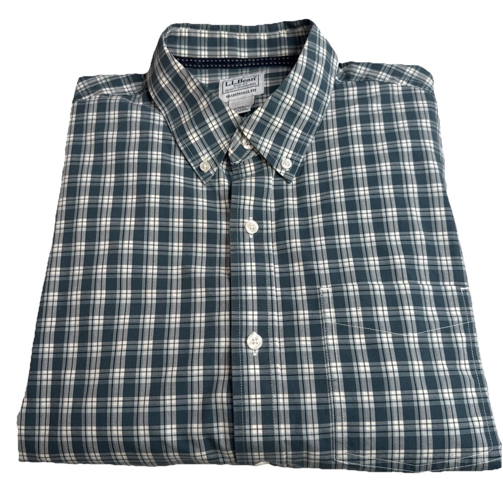 LL Bean Shirt Men's Large Long Sleeve Green Tartan Plaid Flannel Traditional Fit